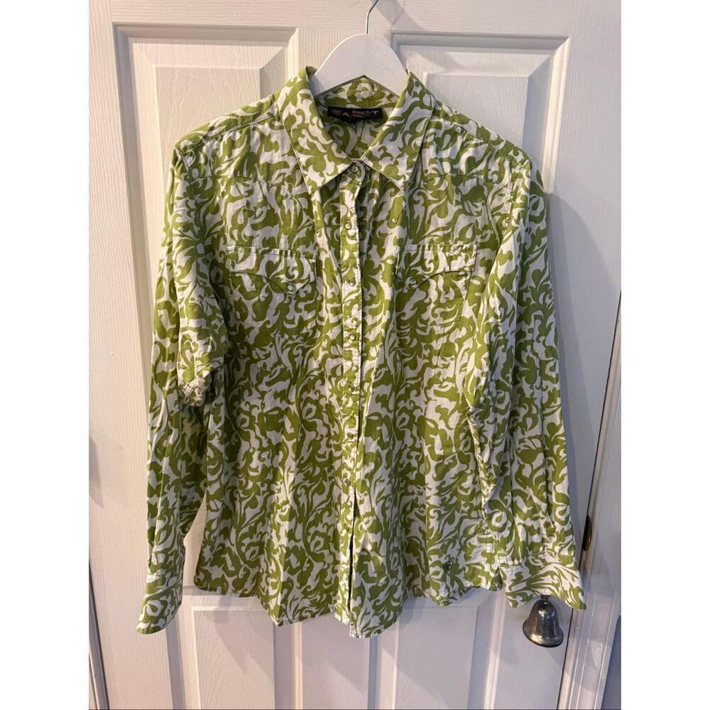 Ariat Green & White Crystal Button Snap Front Shirt sz XL